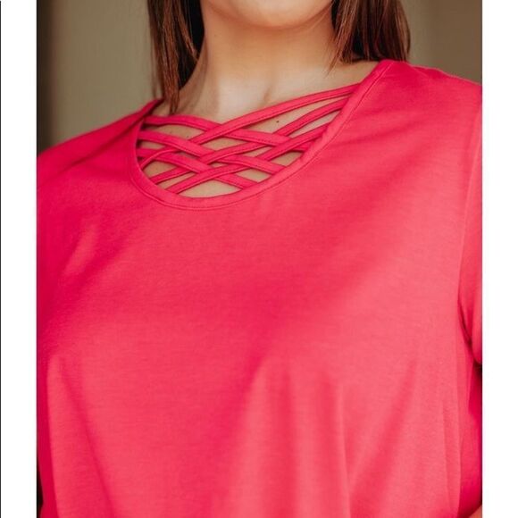 ESSENTIAL NEON PINK RELAXED FIT CAGED NECK TOP - Picture 2 of 3